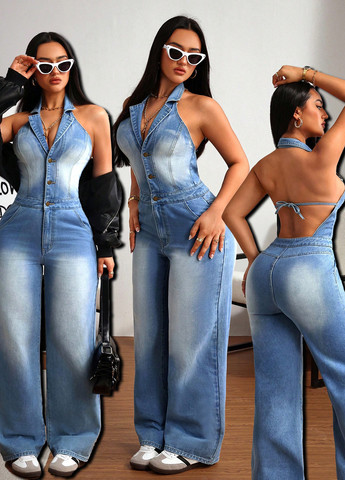 Комбинезон SHEIN комбинезон-брюки варенка голубой денил, кэжуал хлопок, джинс