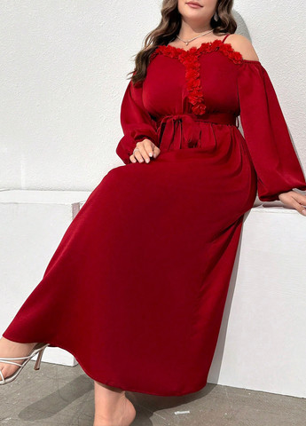 Темно-красное кэжуал платье с открытыми плечами, в стиле ампир SHEIN однотонное