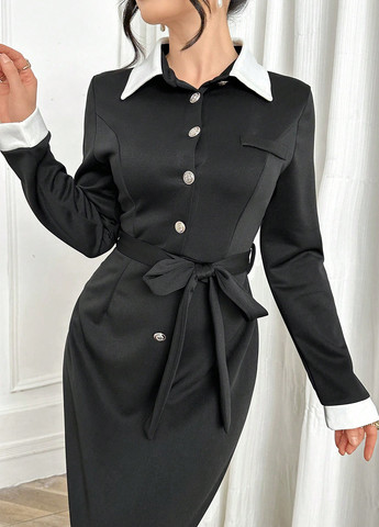 Черное кэжуал, деловое платье рубашка SHEIN колор блок