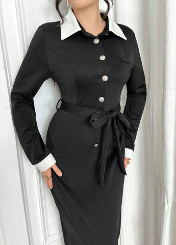 Черное кэжуал, деловое платье рубашка SHEIN колор блок