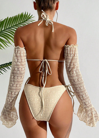 Кремовый летний купальник (лиф, рукава, трусики) бикини, раздельный SHEIN