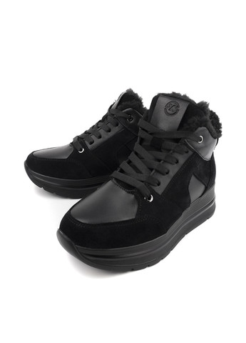 Черные женские ботинки со шнурками с мехом