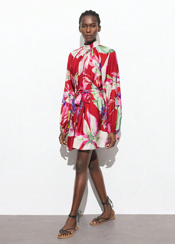 Красное кэжуал платье а-силуэт SHEIN с цветочным принтом