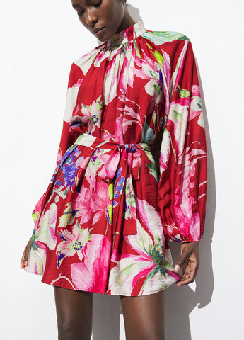 Красное кэжуал платье а-силуэт SHEIN с цветочным принтом