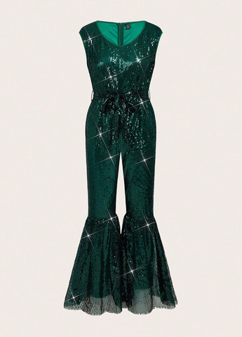 Комбинезон SHEIN комбинезон-брюки однотонный темно-зелёный вечерний полиэстер