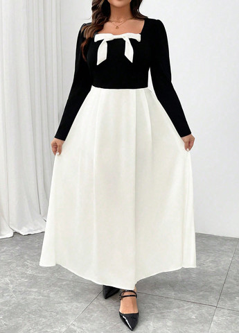 Чорно-білий кежуал, святковий сукня кльош SHEIN колор блок