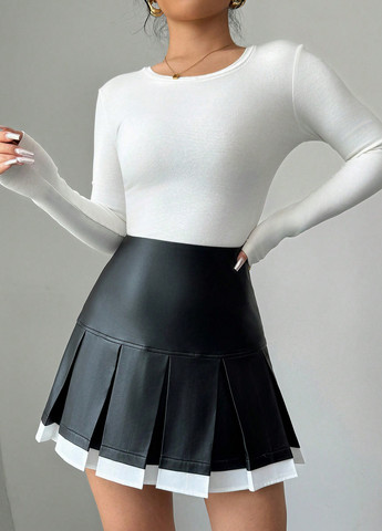 Черно-белая кэжуал колор блок юбка SHEIN плиссе, а-силуэта (трапеция)