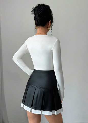 Черно-белая кэжуал колор блок юбка SHEIN плиссе, а-силуэта (трапеция)