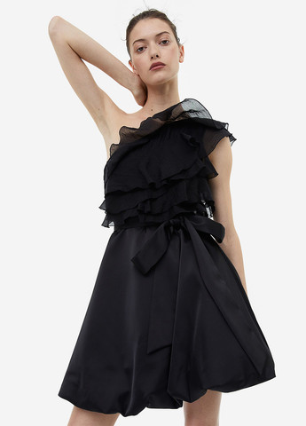 Чорна коктейльна сукня балон, на одне плече H&M однотонна