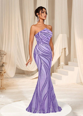 Фиолетовое вечернее платье годе, с открытыми плечами, бандо, с открытой спиной SHEIN с геометрическим узором