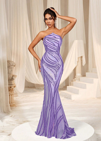 Фиолетовое вечернее платье годе, с открытыми плечами, бандо, с открытой спиной SHEIN с геометрическим узором