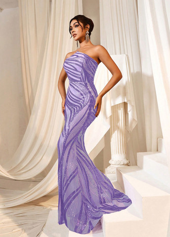 Фиолетовое вечернее платье годе, с открытыми плечами, бандо, с открытой спиной SHEIN с геометрическим узором