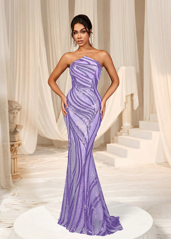 Фиолетовое вечернее платье годе, с открытыми плечами, бандо, с открытой спиной SHEIN с геометрическим узором