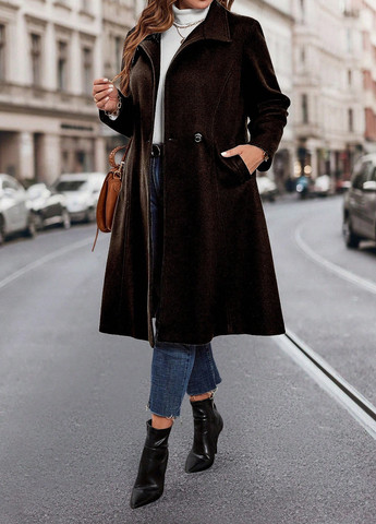 Темно-коричневое демисезонное Пальто двубортное SHEIN