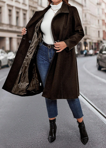 Темно-коричневое демисезонное Пальто двубортное SHEIN