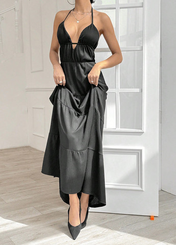 Чорна кежуал сукня а-силует, з відкритою спиною SHEIN однотонна