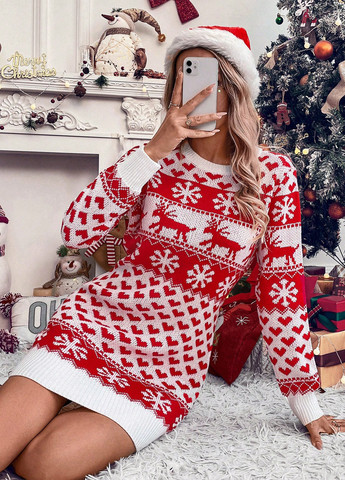 Комбинированное праздничный, кэжуал платье платье-свитер SHEIN с новогодним принтом