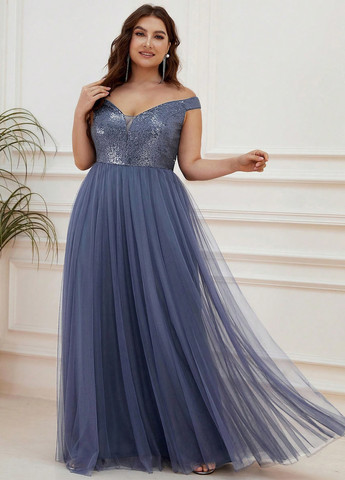 Сіро-голубий святковий, вечірня сукня з відкритими плечима, кльош SHEIN однотонна