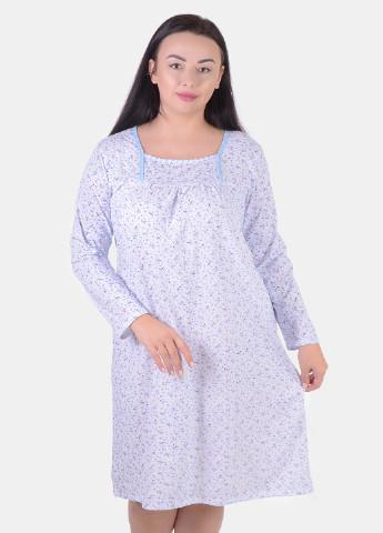 Женская ночная рубашка больших размеров c длинным рукавом NEL цветочная голубая домашняя хлопок