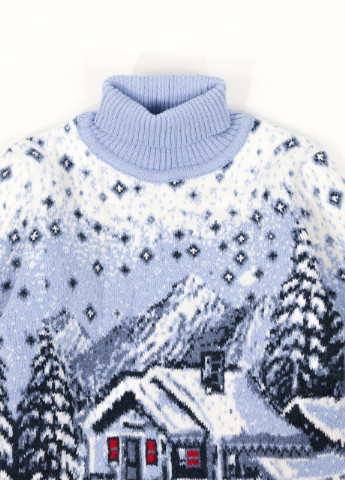Голубой зимний свитер для мальчика зимний голубой теплый принт с домиками Pulltonic Прямая