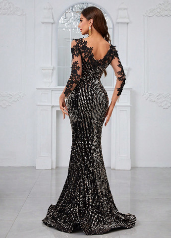 Черное праздничный, вечернее платье годе, со шлейфом SHEIN однотонное