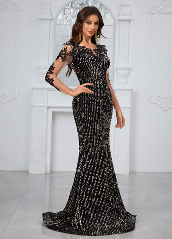Черное праздничный, вечернее платье годе, со шлейфом SHEIN однотонное