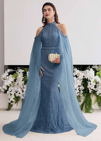 Світло-синя вечірня сукня сукня-кейп, годе SHEIN однотонна