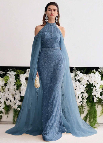 Світло-синя вечірня сукня сукня-кейп, годе SHEIN однотонна