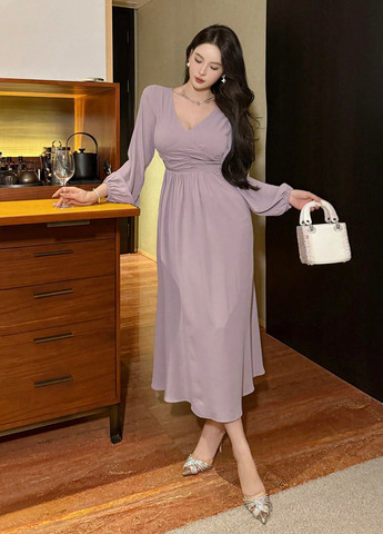 Светло-фиолетовое кэжуал платье с юбкой-солнце, силуэтная SHEIN однотонное