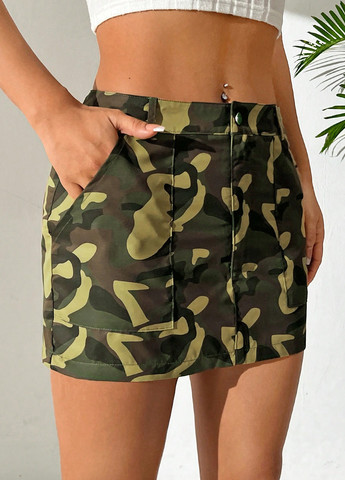 Оливковая (хаки) кэжуал камуфляжная юбка SHEIN