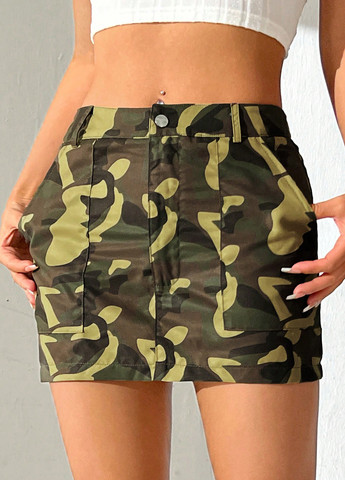 Оливковая (хаки) кэжуал камуфляжная юбка SHEIN