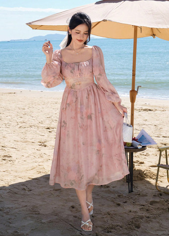 Розовое праздничный платье клеш SHEIN с цветочным принтом