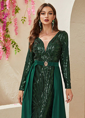 Темно-зелена вечірня, святковий сукня зі шлейфом SHEIN однотонна