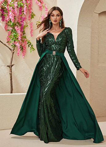 Темно-зелена вечірня, святковий сукня зі шлейфом SHEIN однотонна