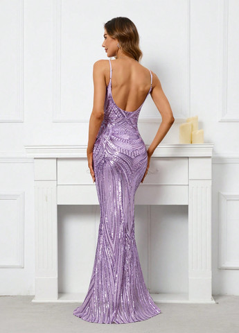 Светло-фиолетовое праздничный, вечернее платье годе, с открытой спиной SHEIN однотонное