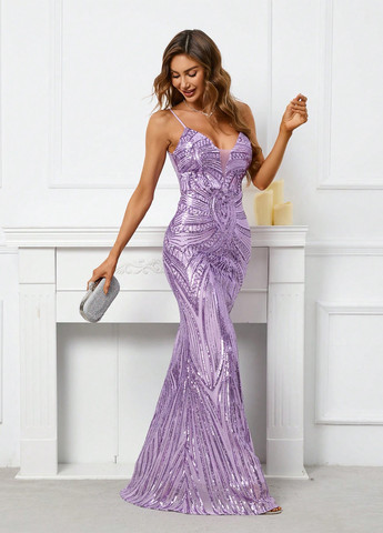 Светло-фиолетовое праздничный, вечернее платье годе, с открытой спиной SHEIN однотонное