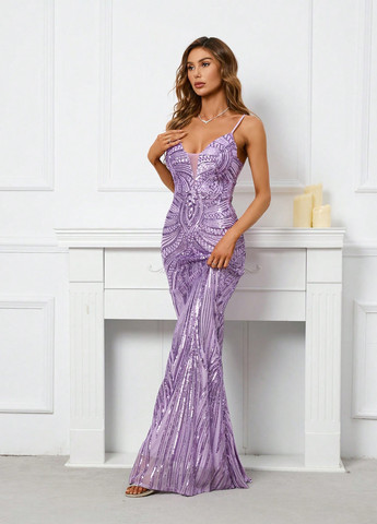 Светло-фиолетовое праздничный, вечернее платье годе, с открытой спиной SHEIN однотонное