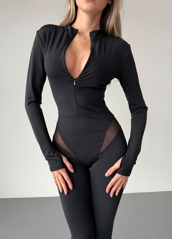 Жіночий спортивний комбінезон Black grid long Asalart комбінезон-брюки однотонний чорний спортивний поліамід