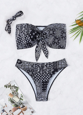 Черно-белый летний купальник (лиф, трусики) бандо, раздельный SHEIN