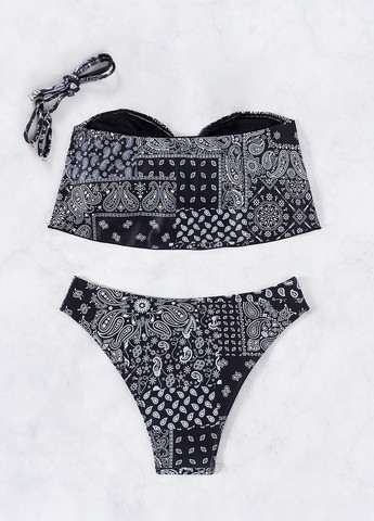 Черно-белый летний купальник (лиф, трусики) бандо, раздельный SHEIN