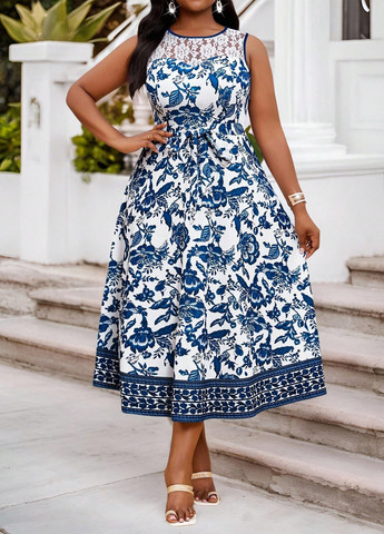 Синее кэжуал платье SHEIN с цветочным принтом