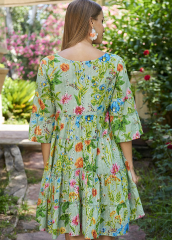 Зеленое пляжное платье клеш Fresh cotton с цветочным принтом