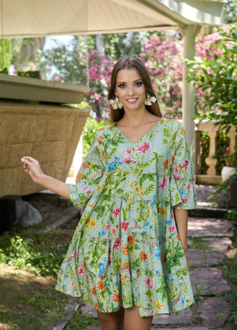 Зеленое пляжное платье клеш Fresh cotton с цветочным принтом