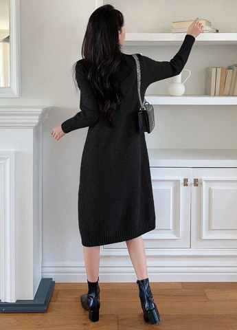 Черное кэжуал платье платье-свитер SHEIN однотонное