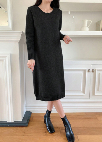 Черное кэжуал платье платье-свитер SHEIN однотонное