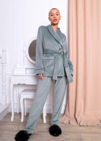 Лаймовая жіноча піжама велюр eva на запах фісташкового кольору р.s 380978 New Trend