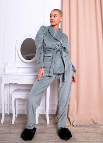 Лаймовая жіноча піжама велюр eva на запах фісташкового кольору р.s 380978 New Trend