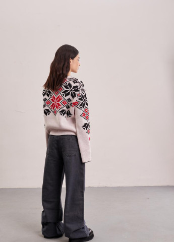Бежевый демисезонный джемпер "соломийка" (красный орнамент) one size MEREZHKA