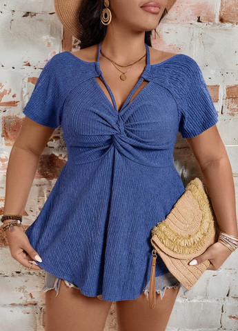 Синяя блуза на запах, с баской SHEIN