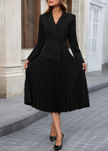 Черное деловое, кэжуал платье плиссированное, платье-жакет SHEIN однотонное
